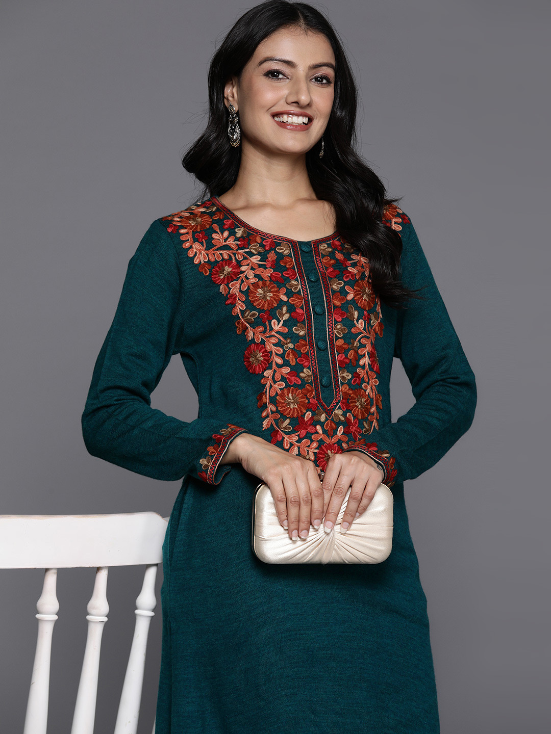 

Libas Women Floral Yoke Design Regular Thread Work Pure Wool Kurta with Trousers, Teal