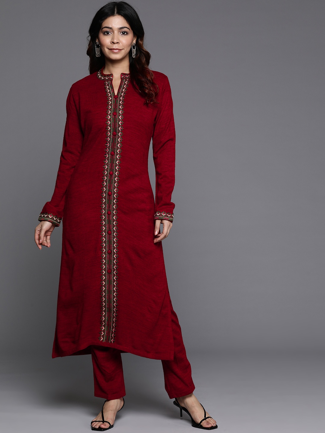

Libas Women Floral Embroidered Regular Thread Work Pure Wool Kurta with Trousers, Red