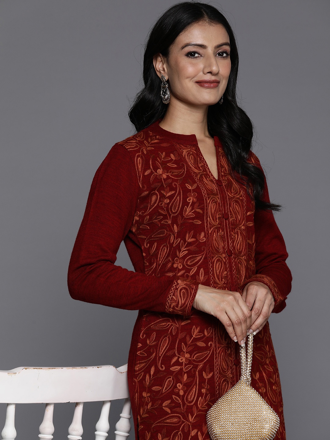 

Libas Women Floral Embroidered Regular Thread Work Pure Wool Kurta with Trousers, Red