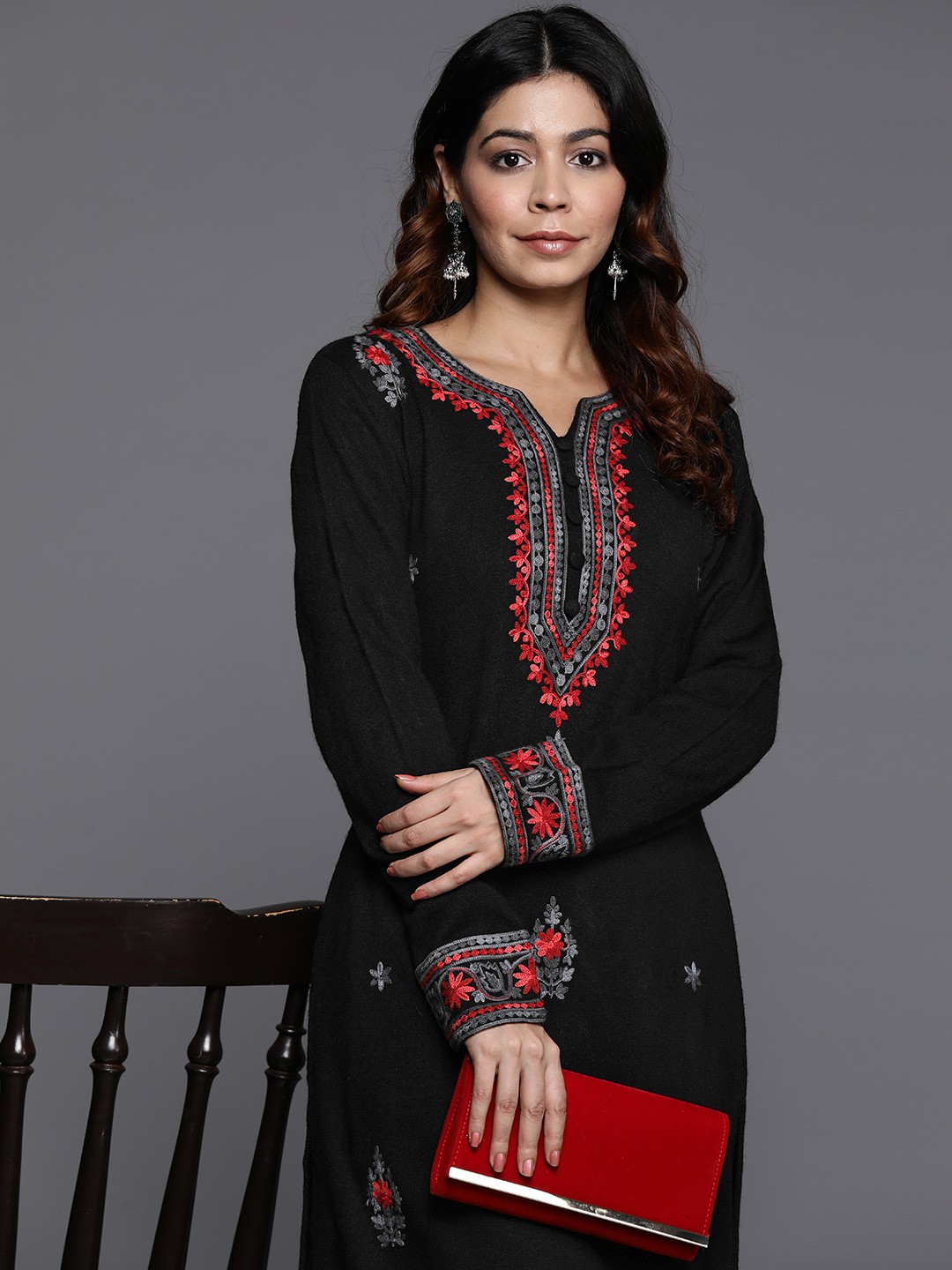 

Libas Women Floral Embroidered Regular Thread Work Pure Wool Kurta with Trousers, Black