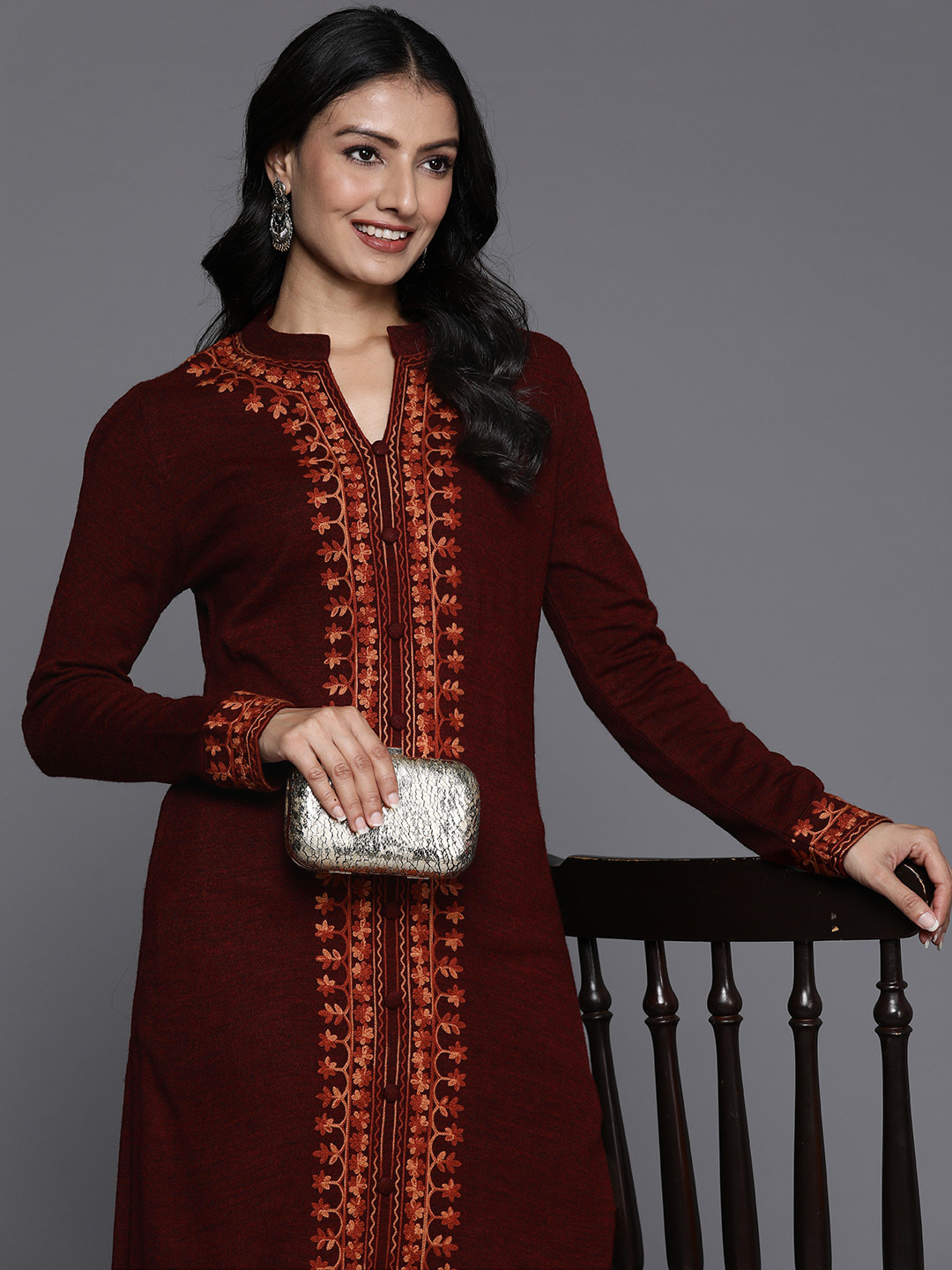 

Libas Women Floral Embroidered Regular Thread Work Pure Wool Kurta with Trousers, Maroon