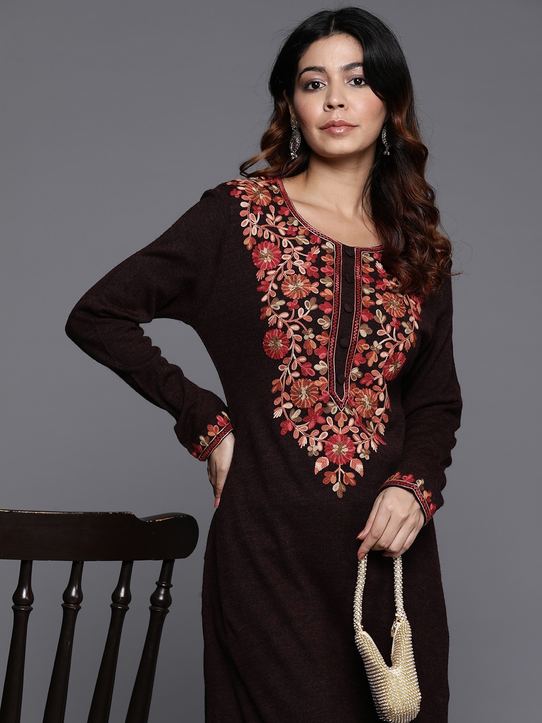 

Libas Women Floral Yoke Design Regular Thread Work Pure Wool Kurta with Trousers, Burgundy