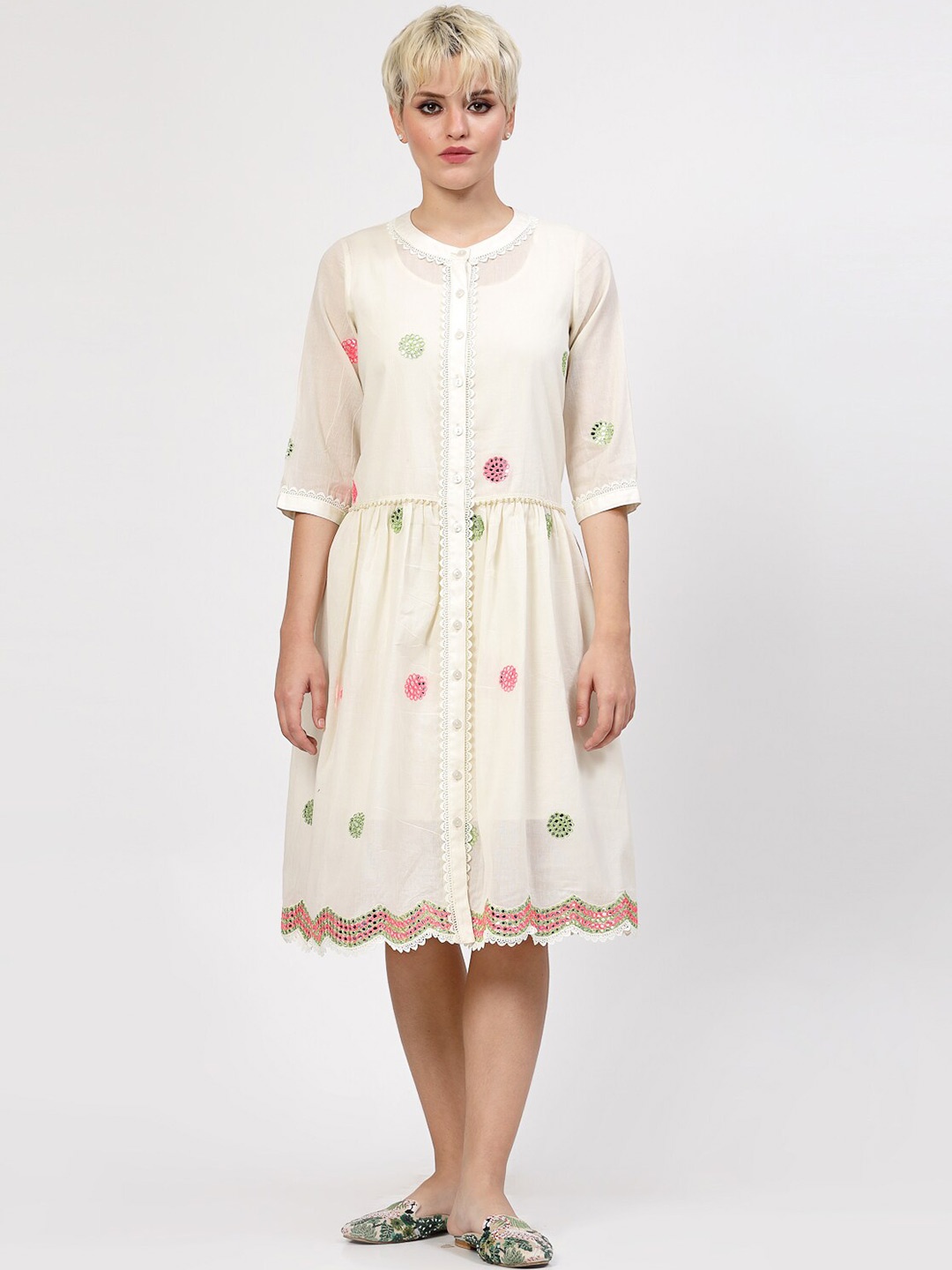 

LELA Ethnic Motifs Embroidered Band Collar A-Line Dress, Off white