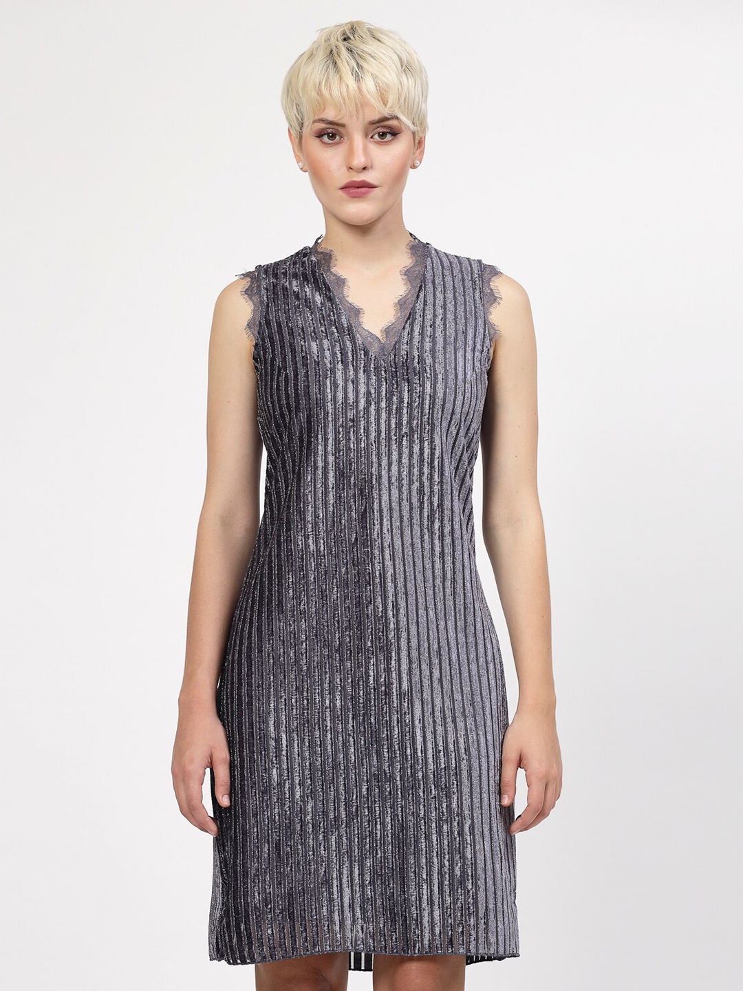 

LELA Self Design V-Neck Velvet Sheath Dress, Grey