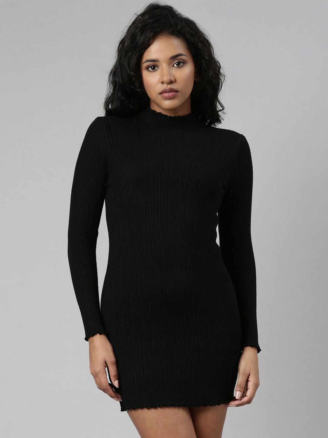 

SHOWOFF Self Design High Neck Bodycon Mini Dress, Black
