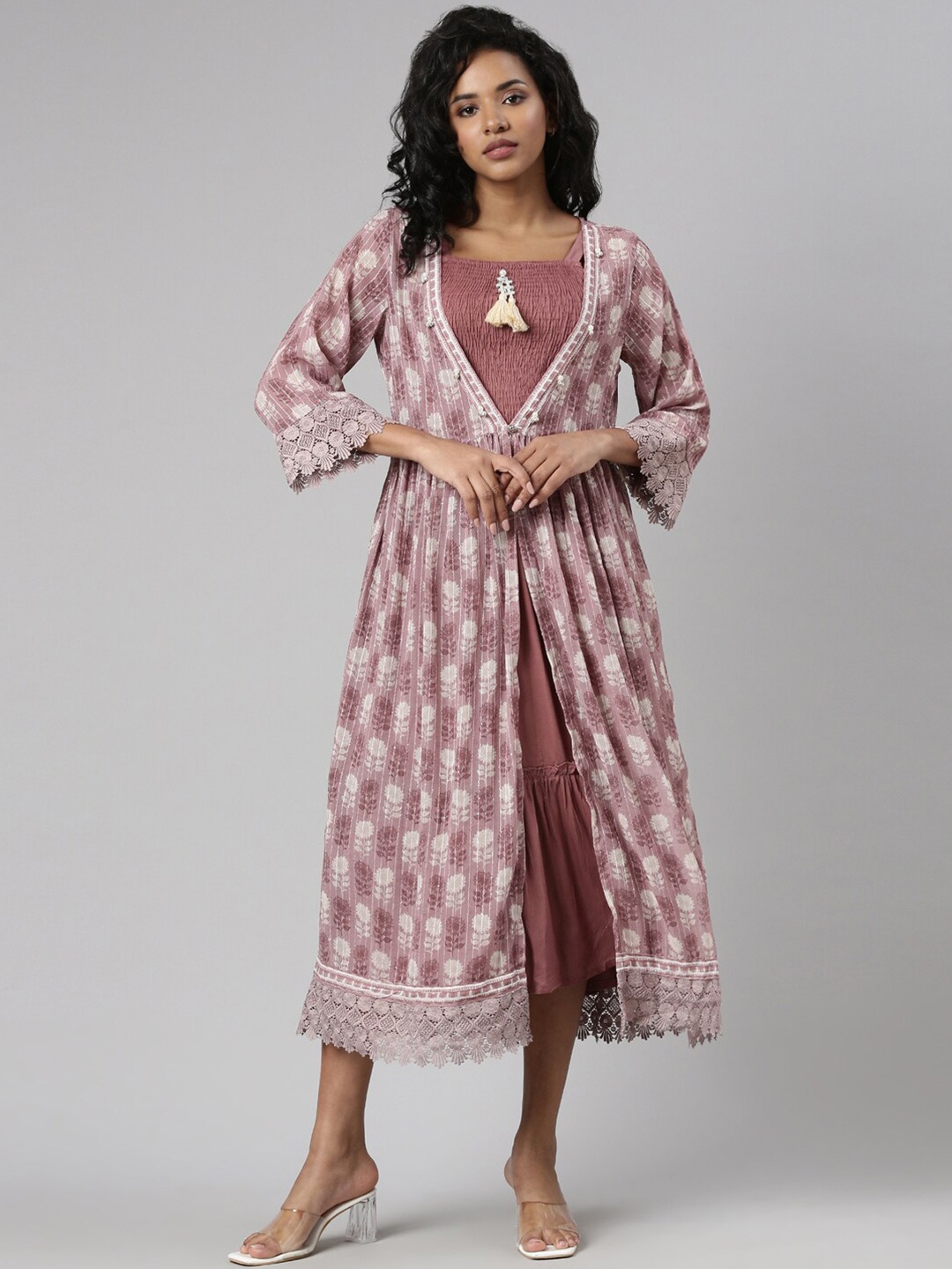 

SHOWOFF Floral Printed Shoulder Straps Smocked Fit and Flare Midi Dress With Coat, Copper