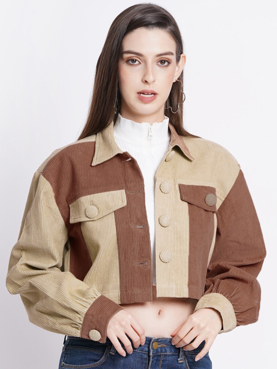 

SUMAVI-FASHION Colourblocked Crop Denim Jacket, Brown