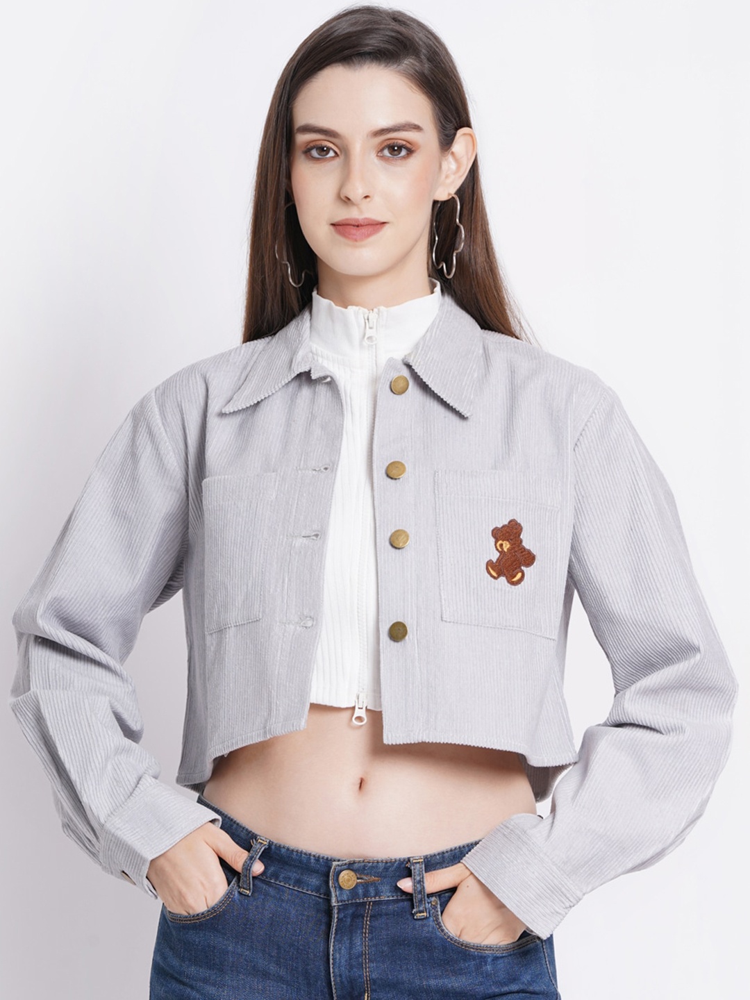 

SUMAVI-FASHION Self Design Crop Denim Jacket, Grey