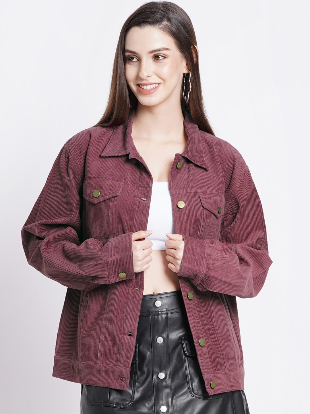 

SUMAVI-FASHION Self Design Longline Denim Jacket, Maroon