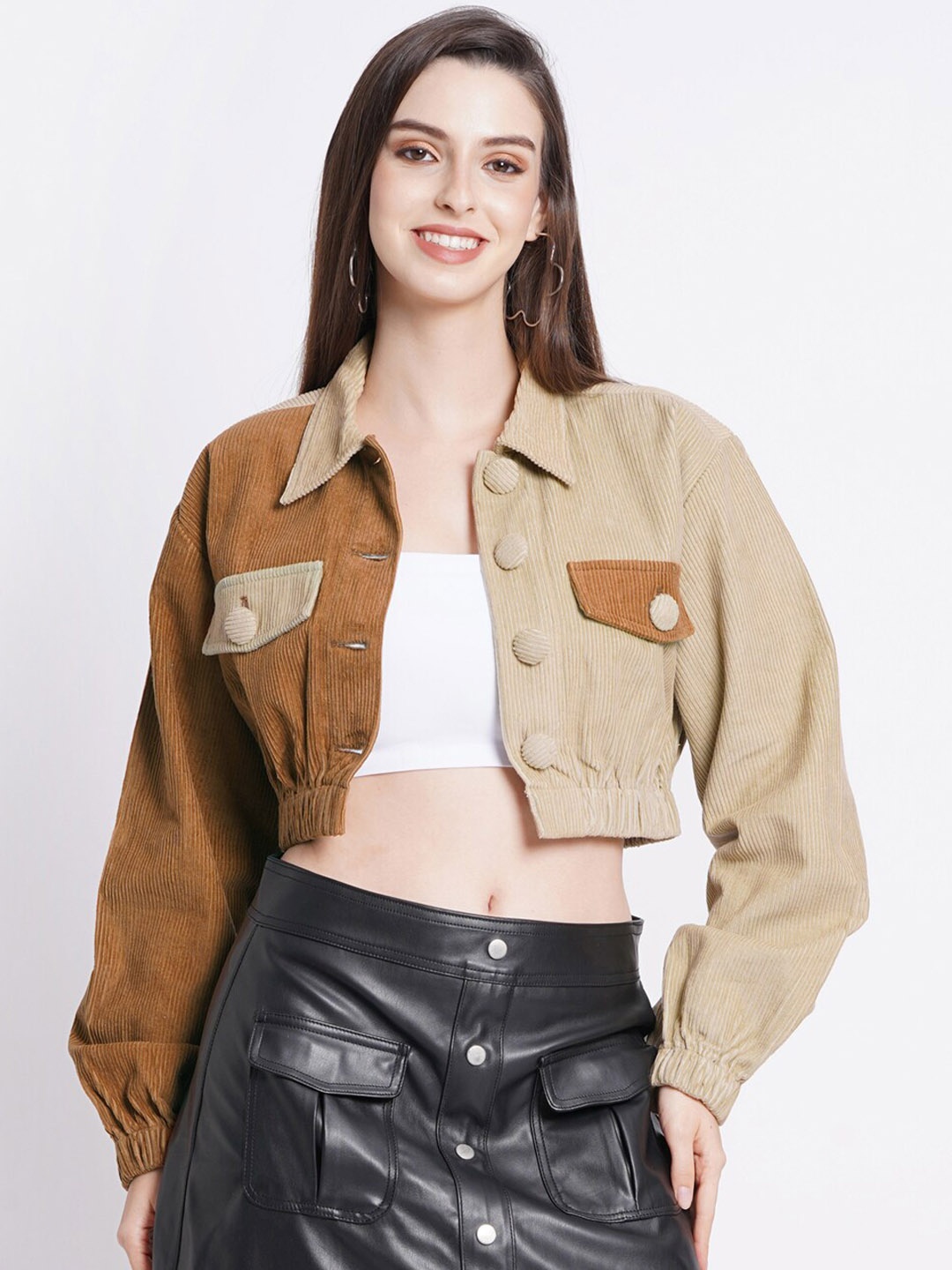 

SUMAVI-FASHION Colourblocked Crop Denim Jacket, Brown