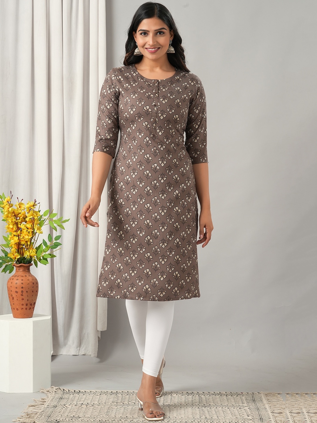 

HERE&NOW Floral Printed Liva Kurta, Brown