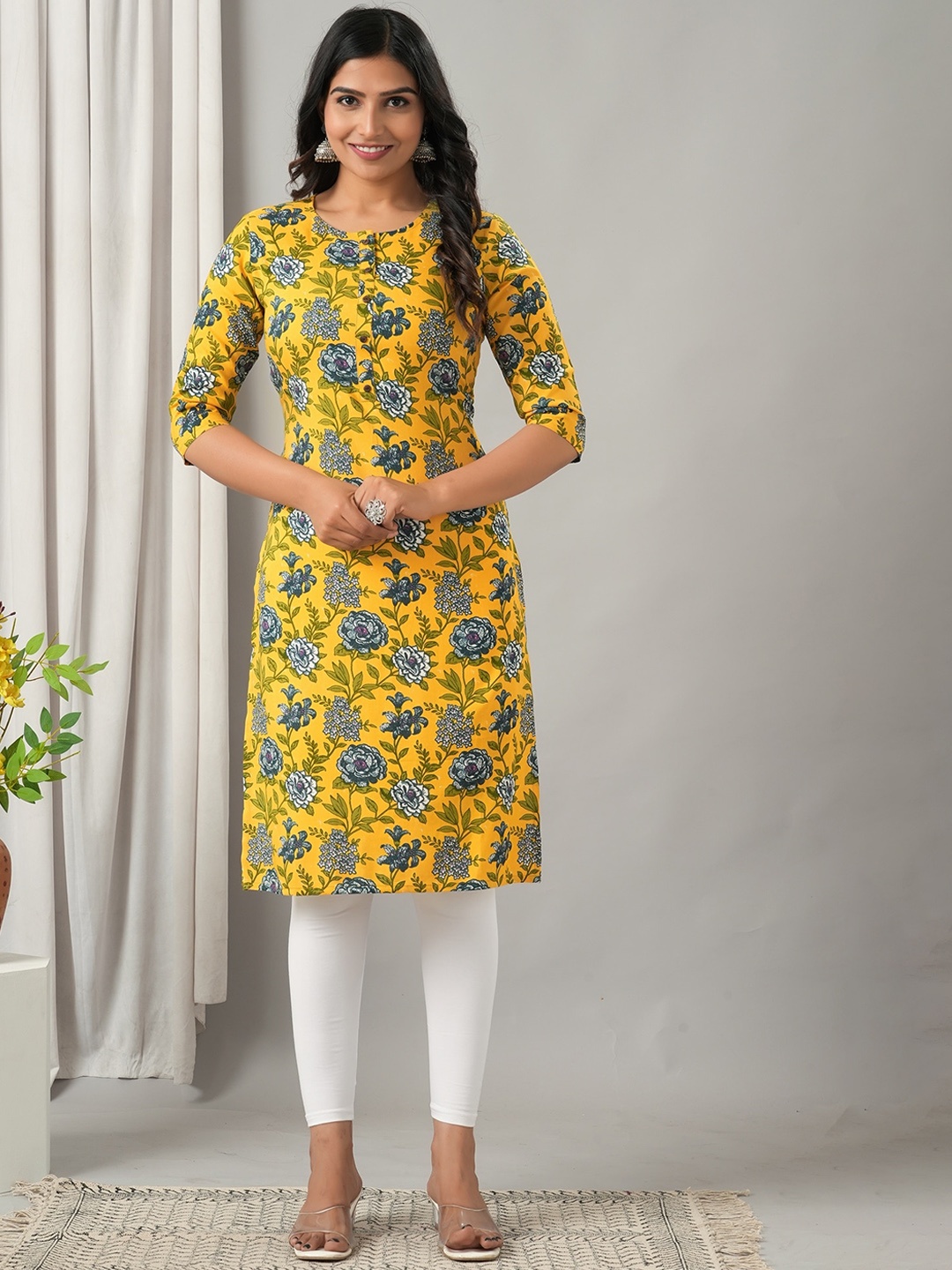HERE&NOW Floral Printed Sequinned Liva Kurta, Yellow