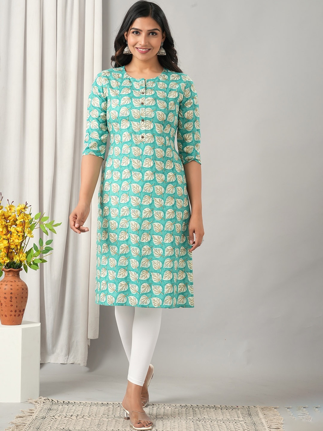 

HERE&NOW Ethnic Motifs Printed Liva Kurta, Sea green