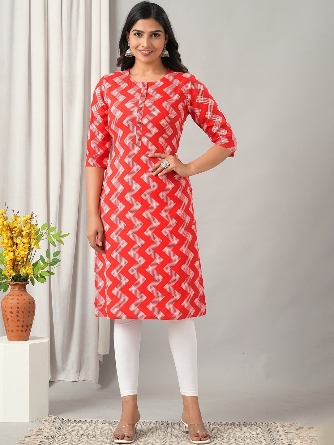

HERE&NOW Geometric Printed Liva Kurta, Red