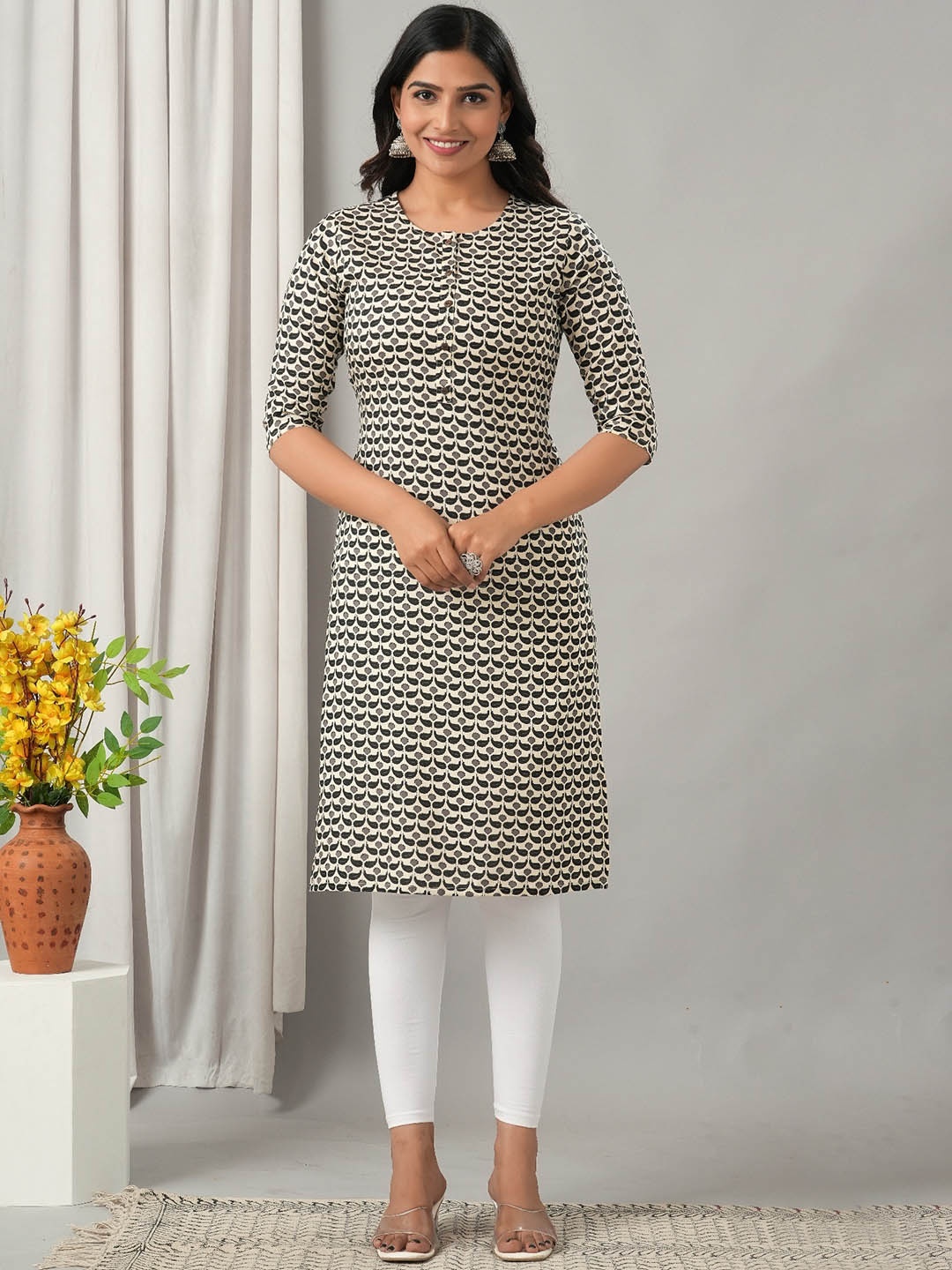 HERE&NOW Ethnic Motifs Printed Liva Kurta, Grey
