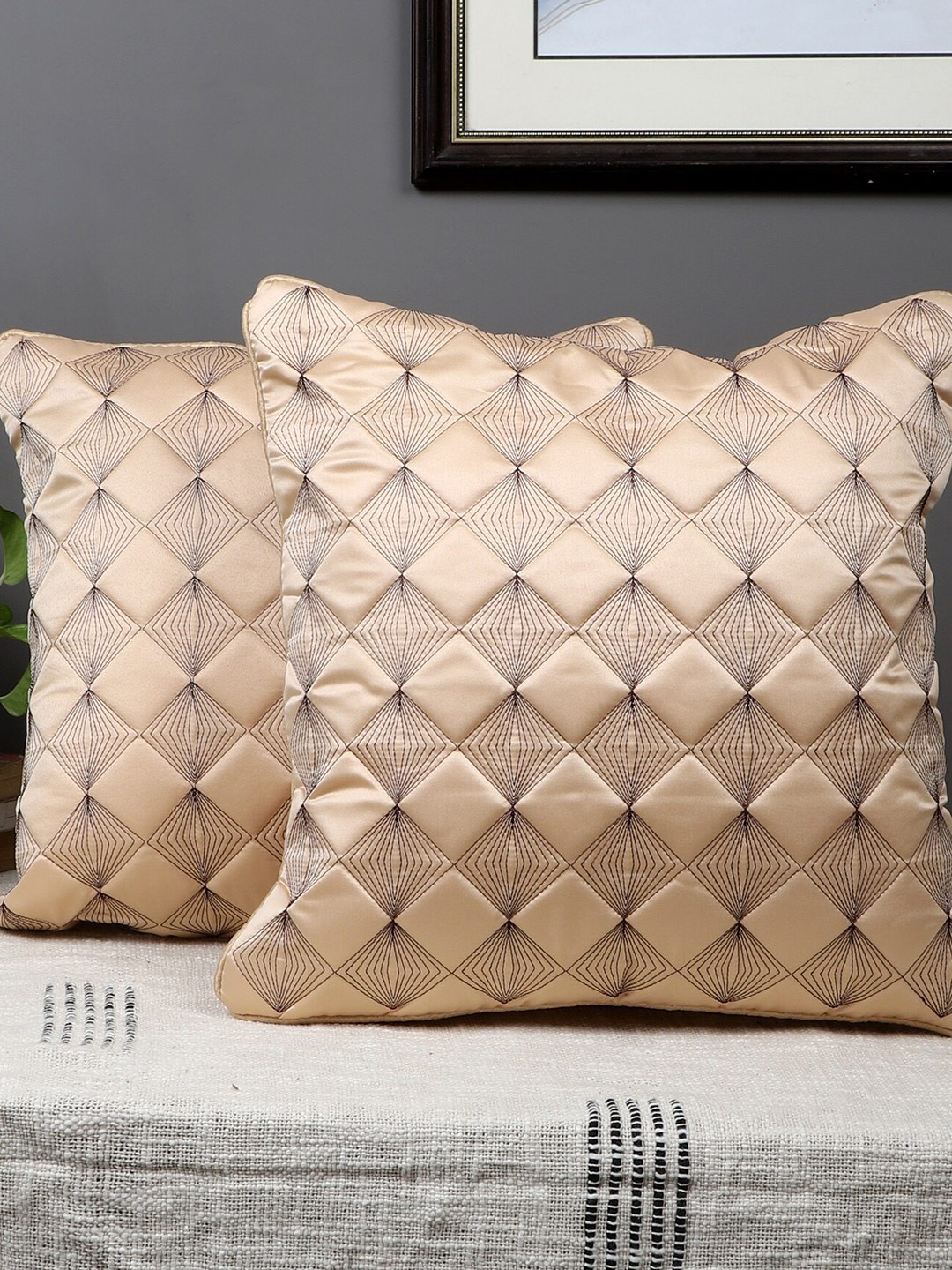 

MFD HOME FURNISHING Beige & Black 2 Pieces Embroidered Satin Square Cushion Covers