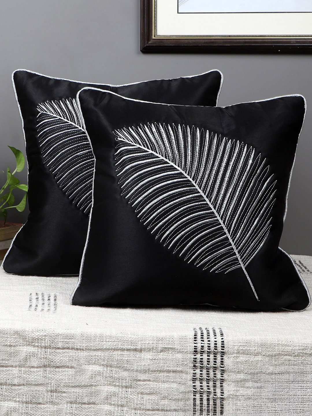 

MFD HOME FURNISHING Black & Silver-Toned 2 Pcs Embroidered Satin Square Cushion Covers