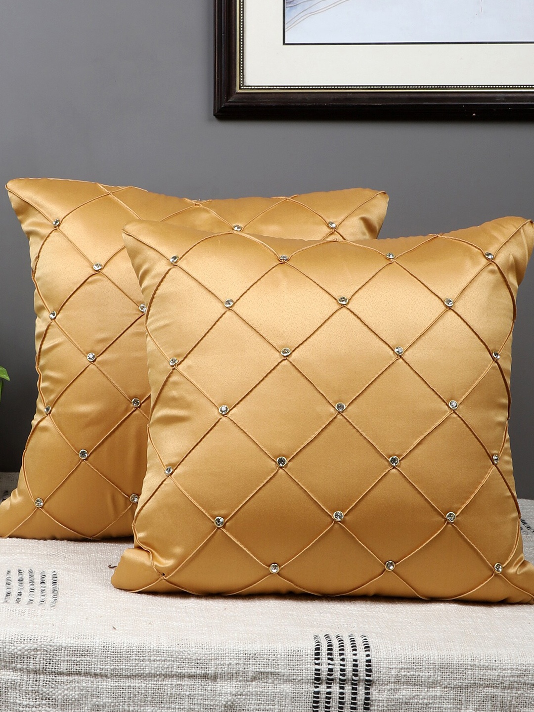 

MFD HOME FURNISHING Beige 2 Pieces Embellished Satin Square Cushion Covers