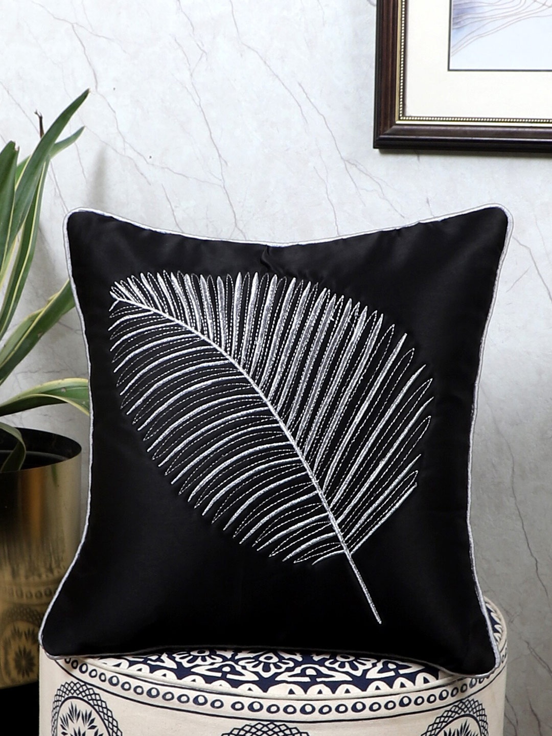 

MFD HOME FURNISHING Black & Silver-Toned Embellished Satin Square Cushion Cover