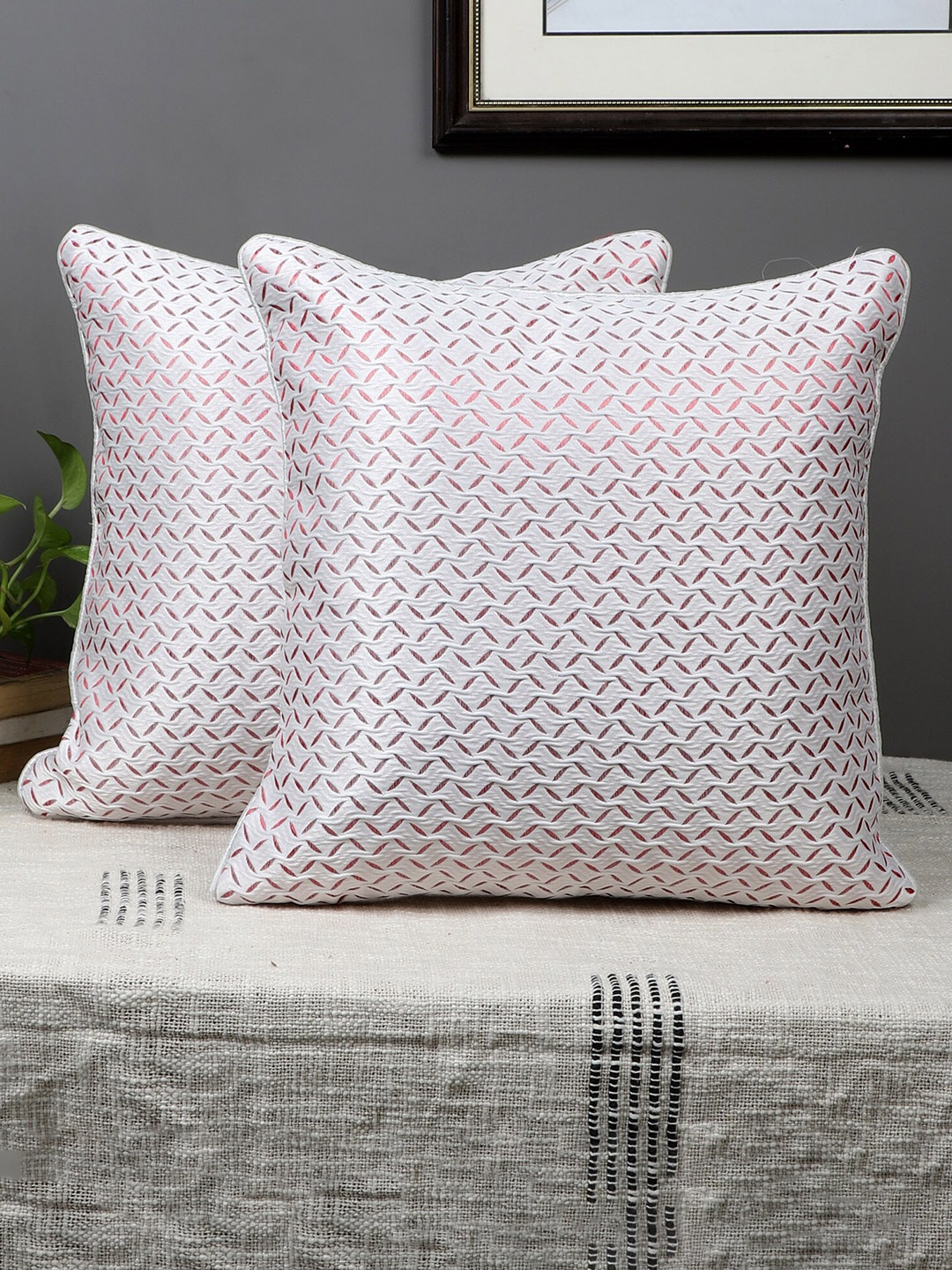 

MFD HOME FURNISHING White & Pink 2 Pieces Embellished Jacquard Square Cushion Covers