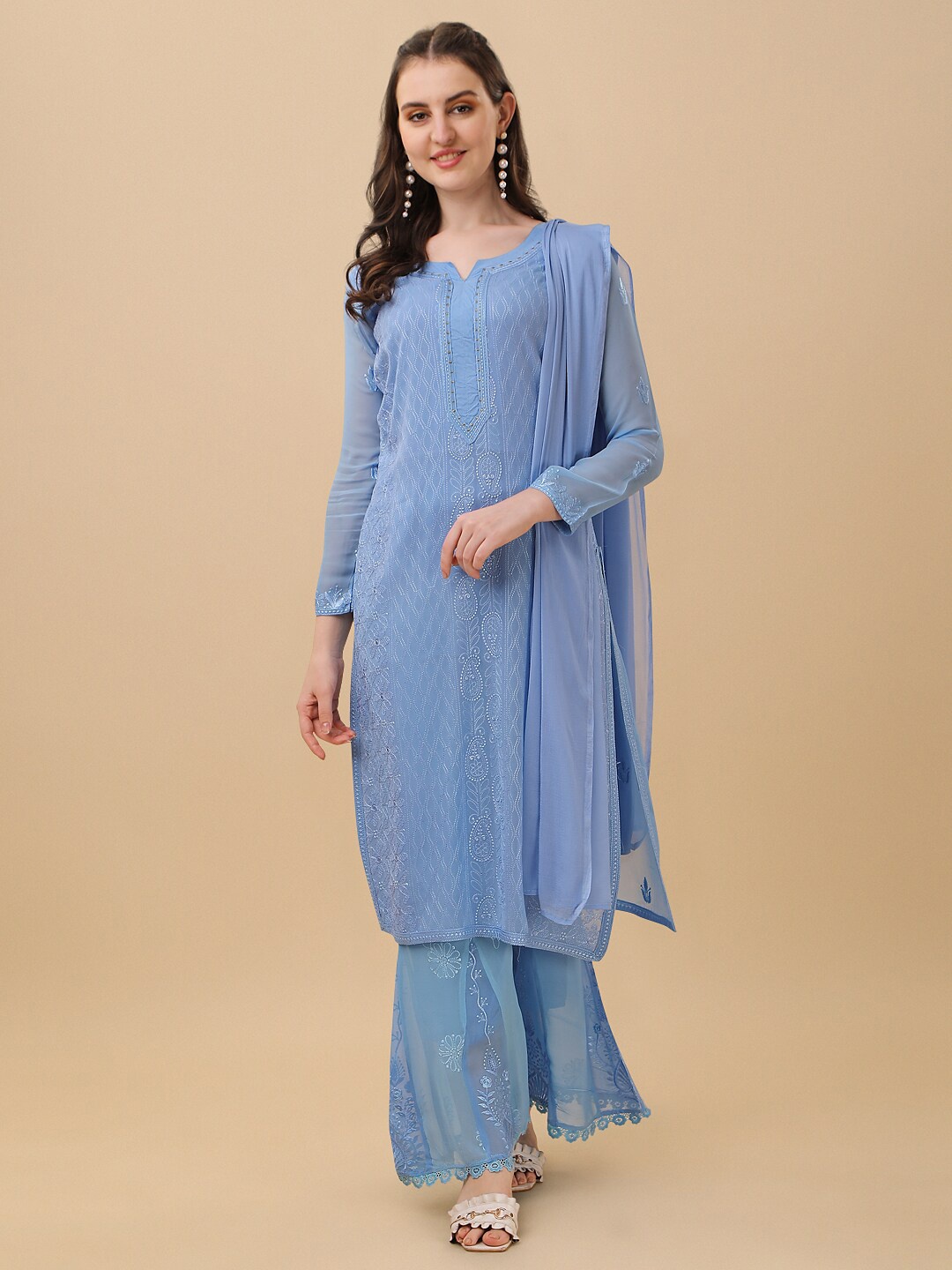 

Vidraa Western Store Ethnic Embroidered Regular Thread Work Kurta With Sharara & Dupatta, Blue