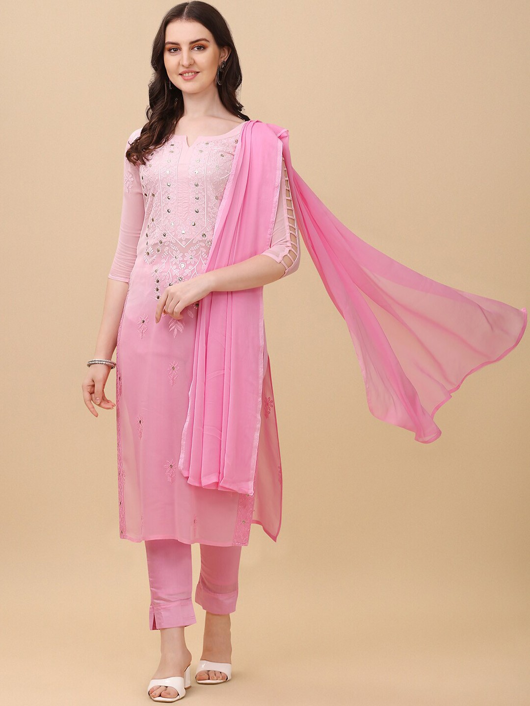 

Vidraa Western Store Floral Embroidered Regular Thread Work Kurta With Trousers & Dupatta, Pink