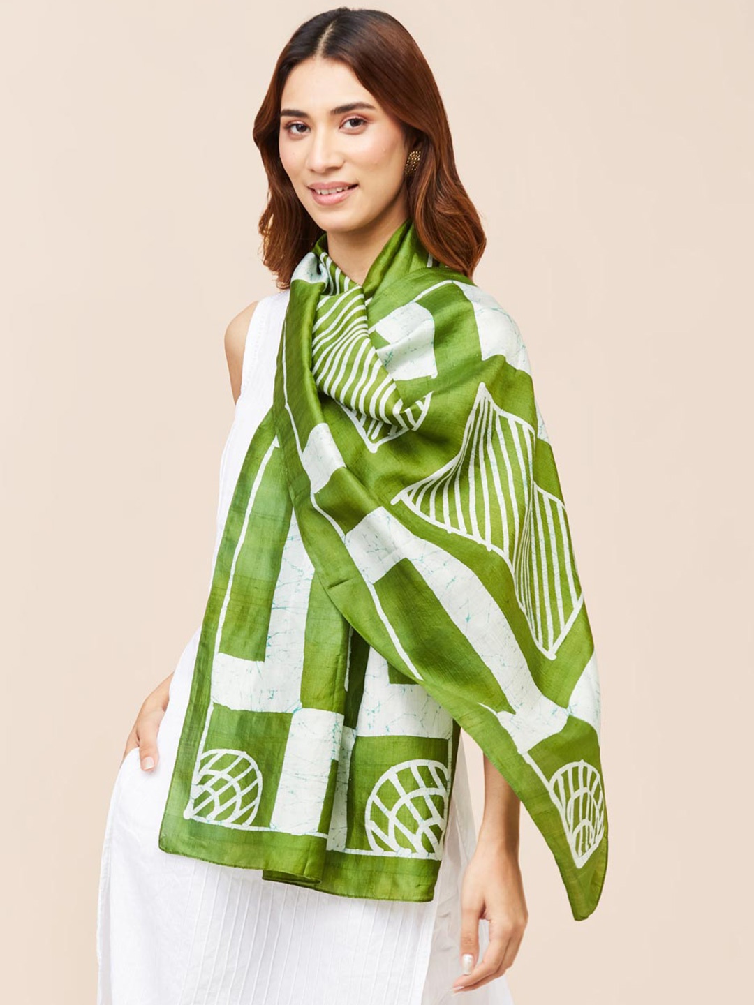 

Fabindia Women Printed Silk Stole, Green
