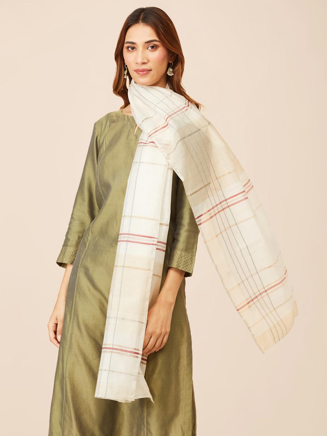 

Fabindia Checked Cotton Silk Maheshwari Stole, Off white