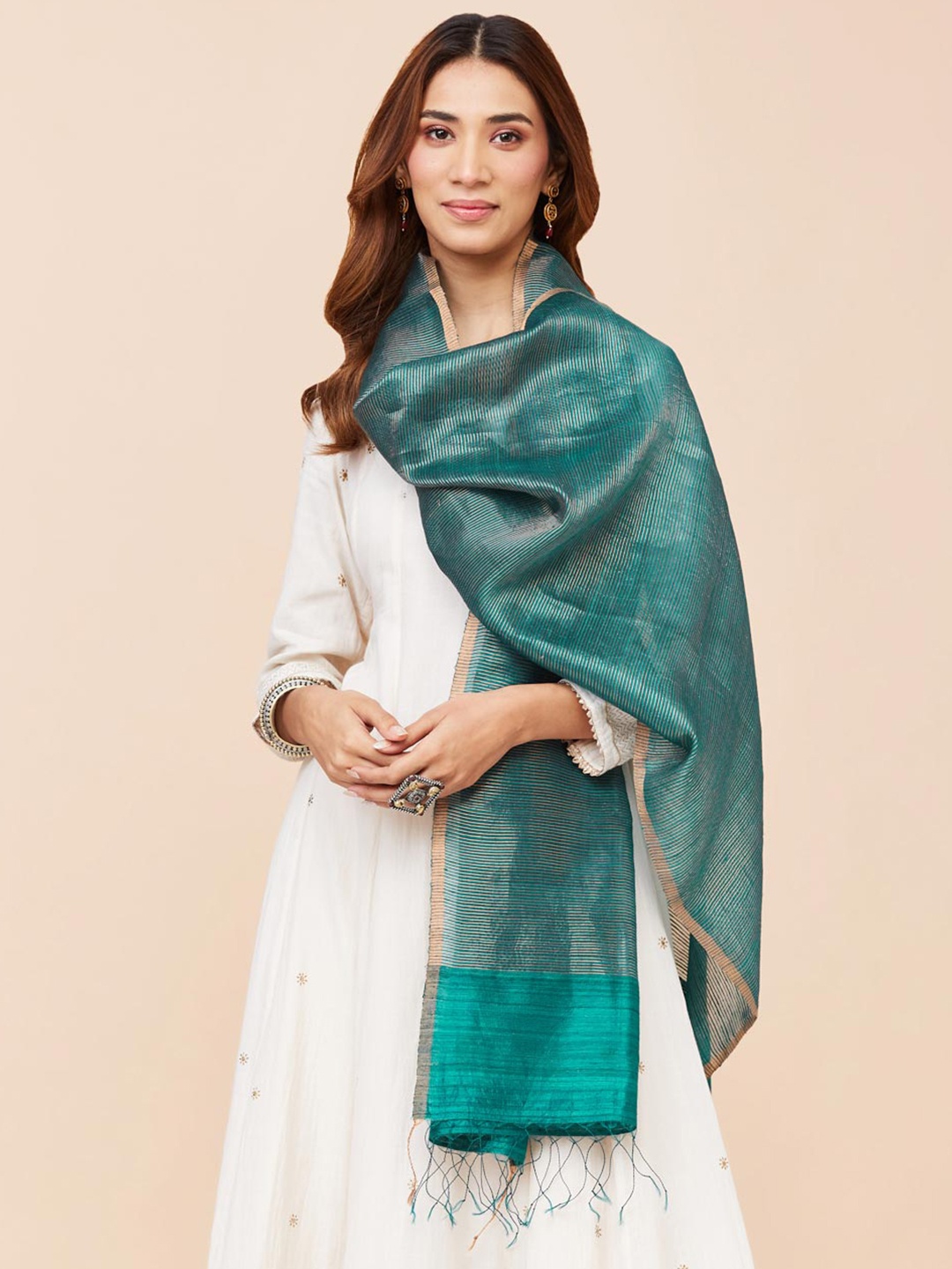 

Fabindia Women Woven Design Silk Stole, Teal