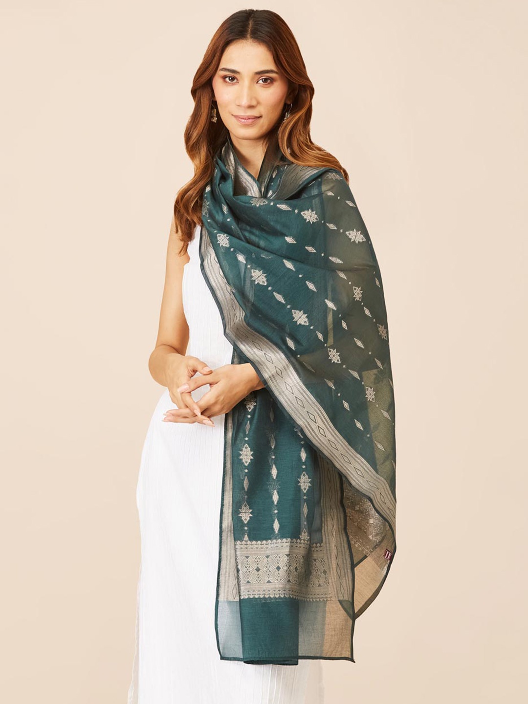 

Fabindia Ethnic Motifs Woven Design Cotton Stole, Teal