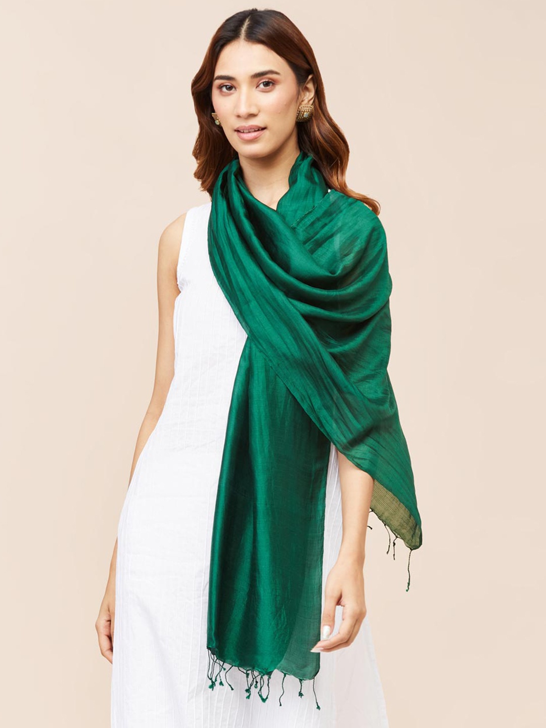 

Fabindia Striped Woven Design Silk Stole, Green