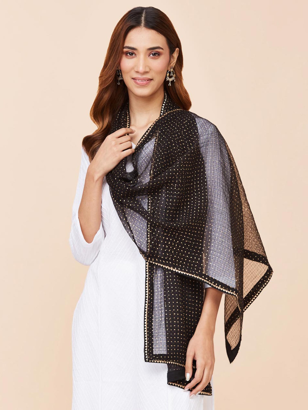 

Fabindia Geometric Printed Cotton Silk Stole, Black