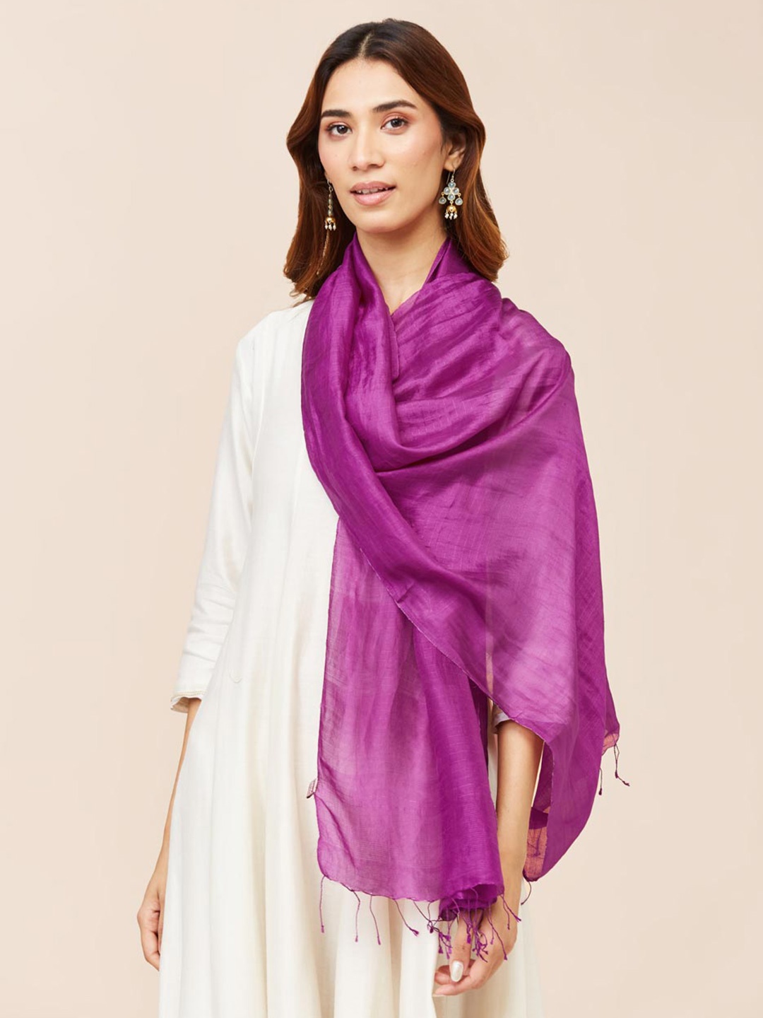 

Fabindia Solid Tasselled Silk Stole, Purple