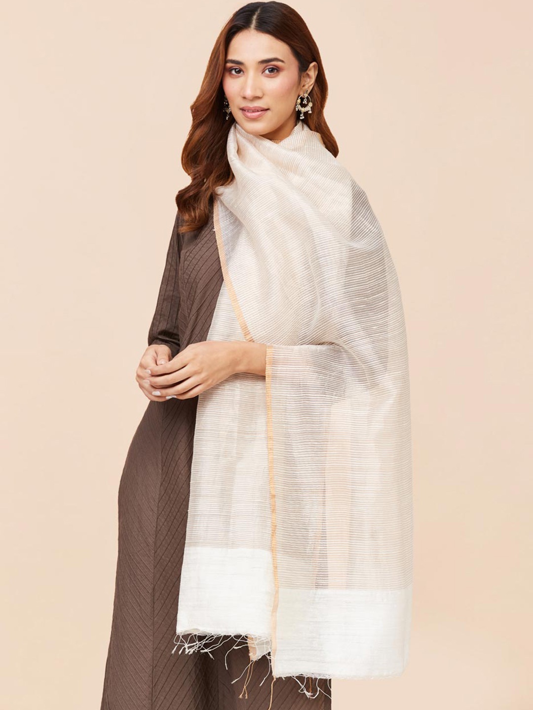 

Fabindia Striped Woven Design Silk Stole, Off white