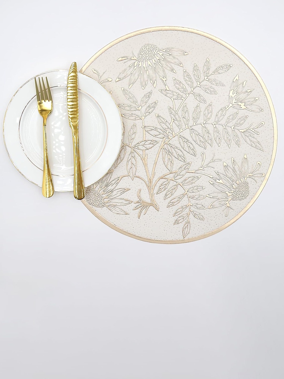 

Dakshya Industries 2 Pcs Golden Floral Round Table Placemats, Gold