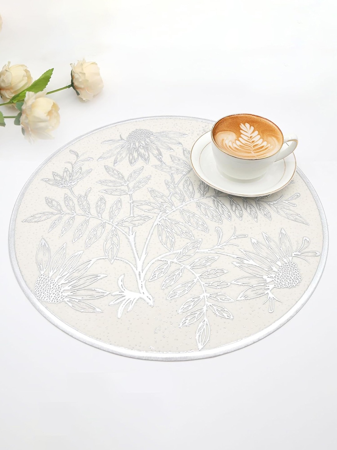 

Dakshya Industries White 4-Pieces Floral-Printed Table Placemats, Silver