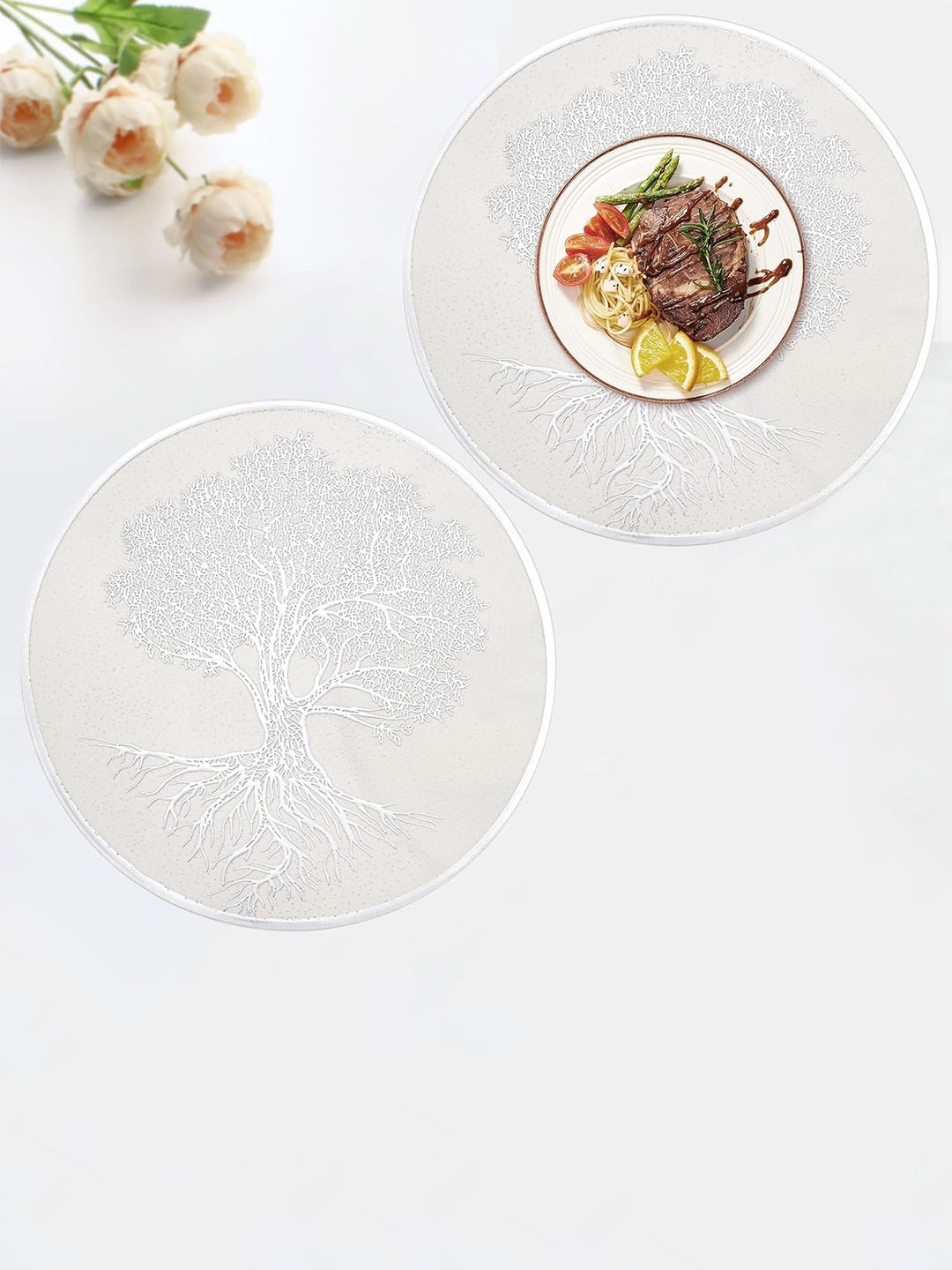 

Dakshya Industries White 2 Pieces Printed Circular Table Placemats, Silver