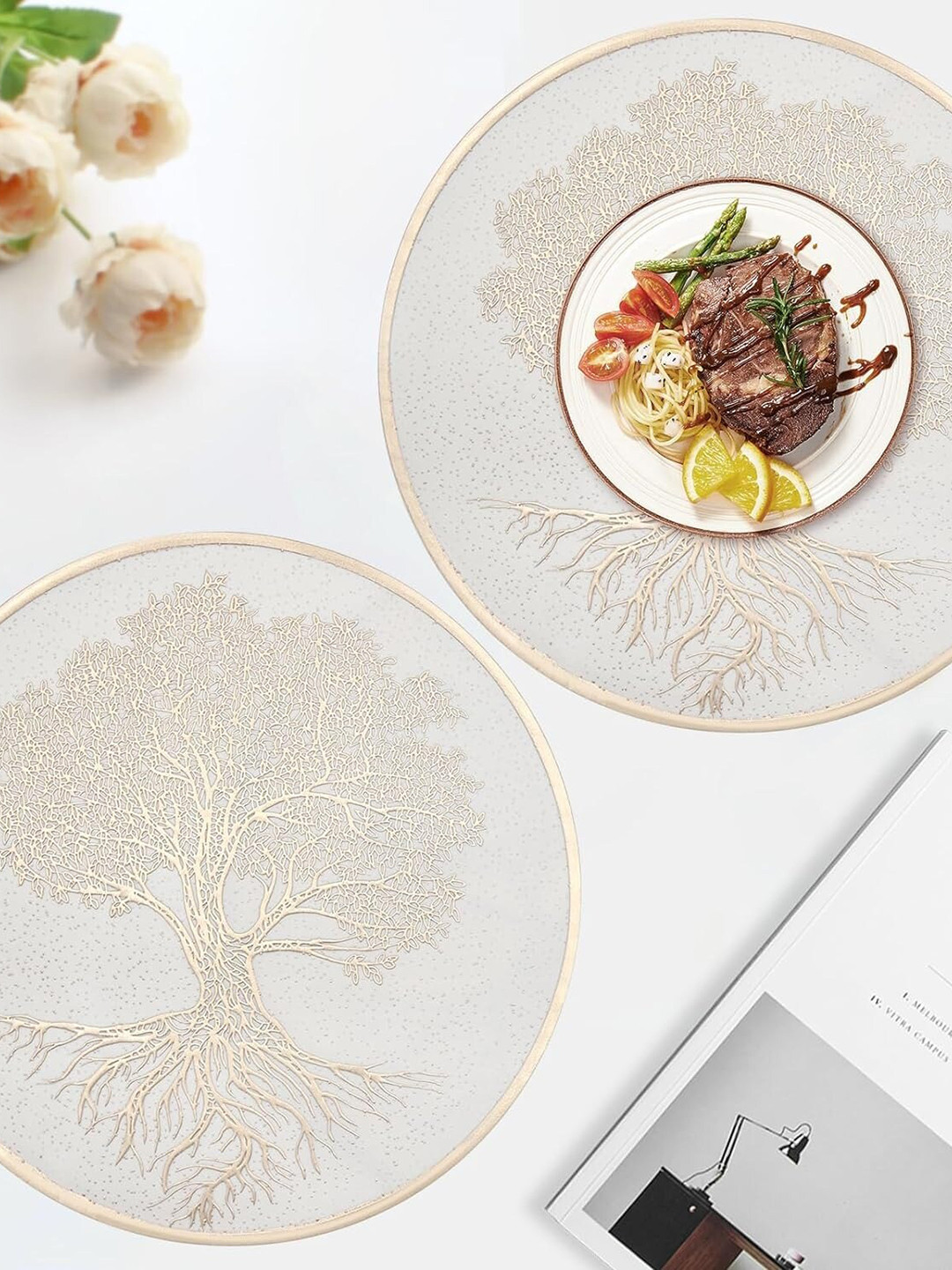 

Dakshya Industries Pink 4 Pieces Textured Table Placemats, Rose gold