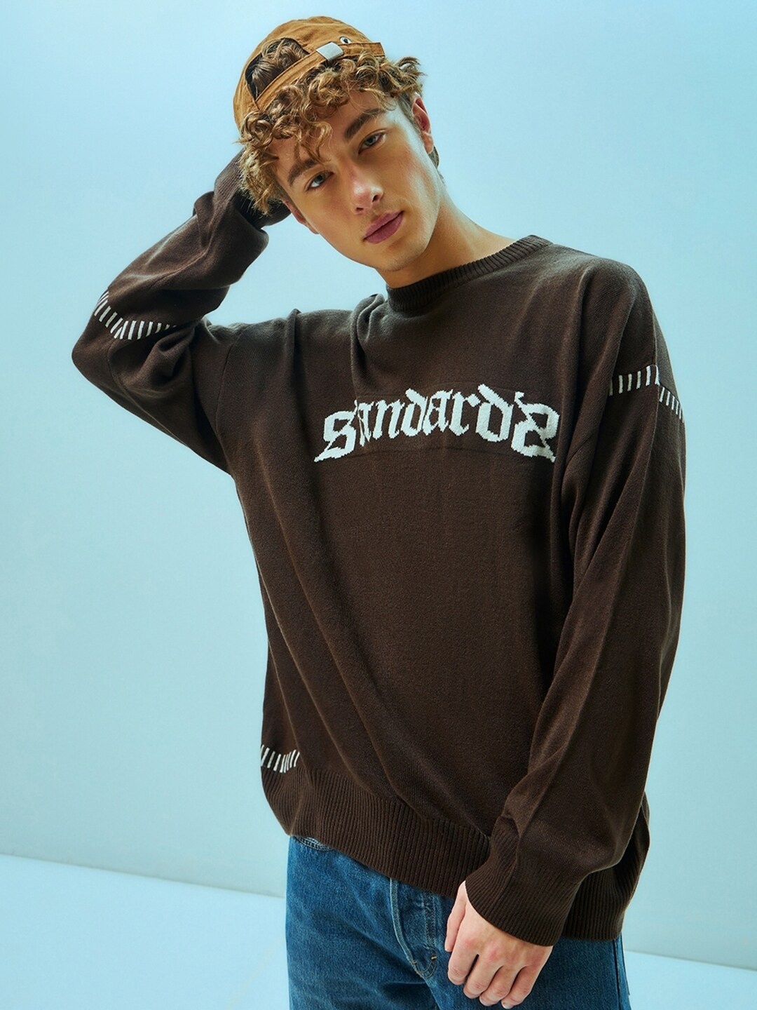 

Bewakoof Brown Typography Printed Acrylic Super Loose Fit Flat Knit Pullover Sweater