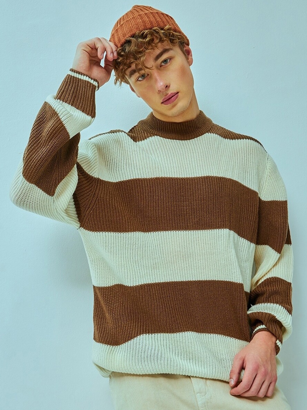 

Bewakoof Men Brown & Sea Green Colourblocked Flat Knit Acrylic Pullover Sweater