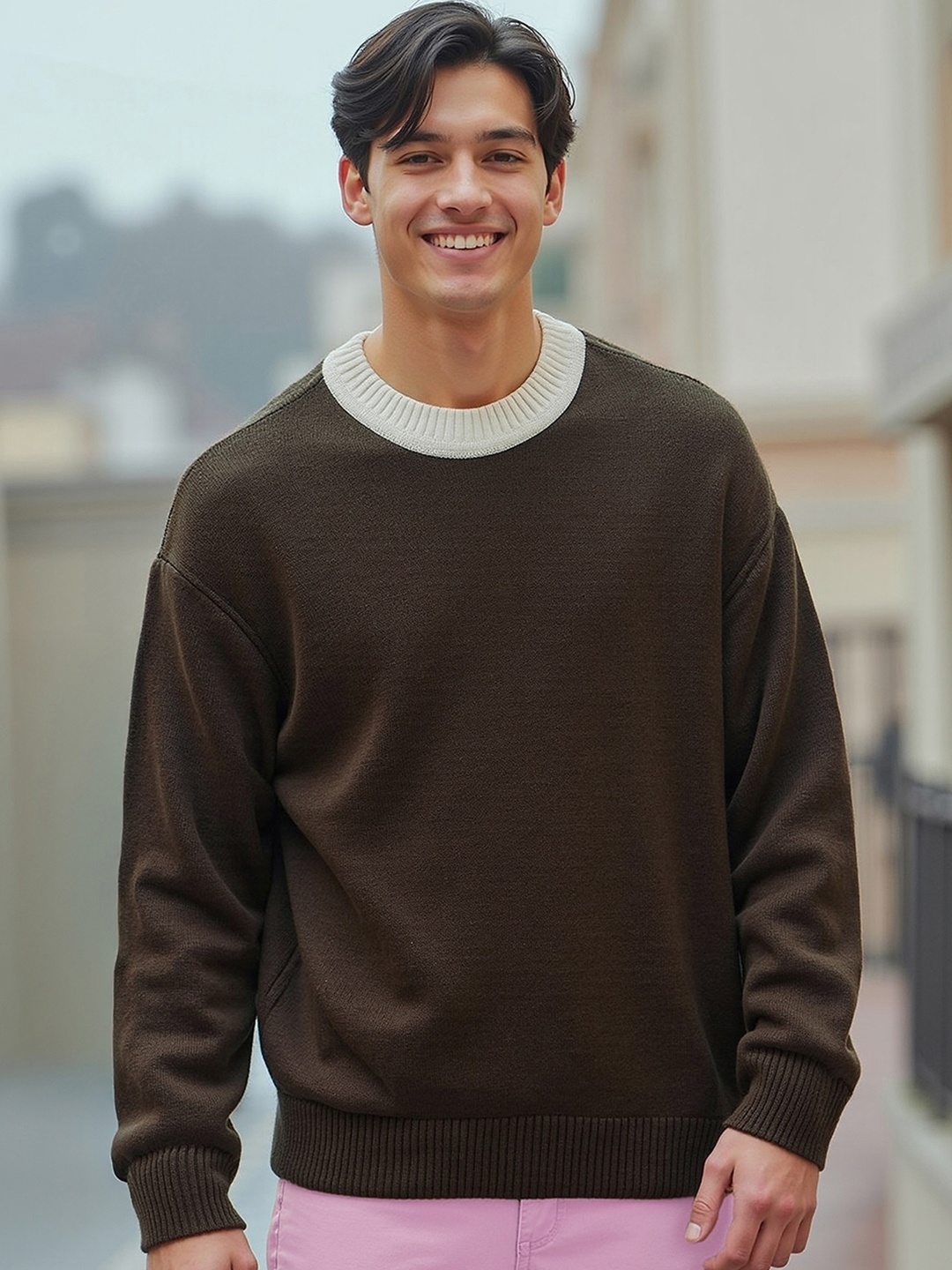 

Bewakoof Brown & White Colourblocked Oversized Flat Knit Acrylic Pullover Sweater
