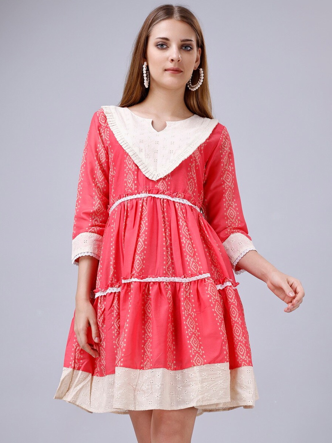 

Ekta Textiles Ethnic Motifs Printed Tiered Cotton Silk Fit & Flare Dress, Coral