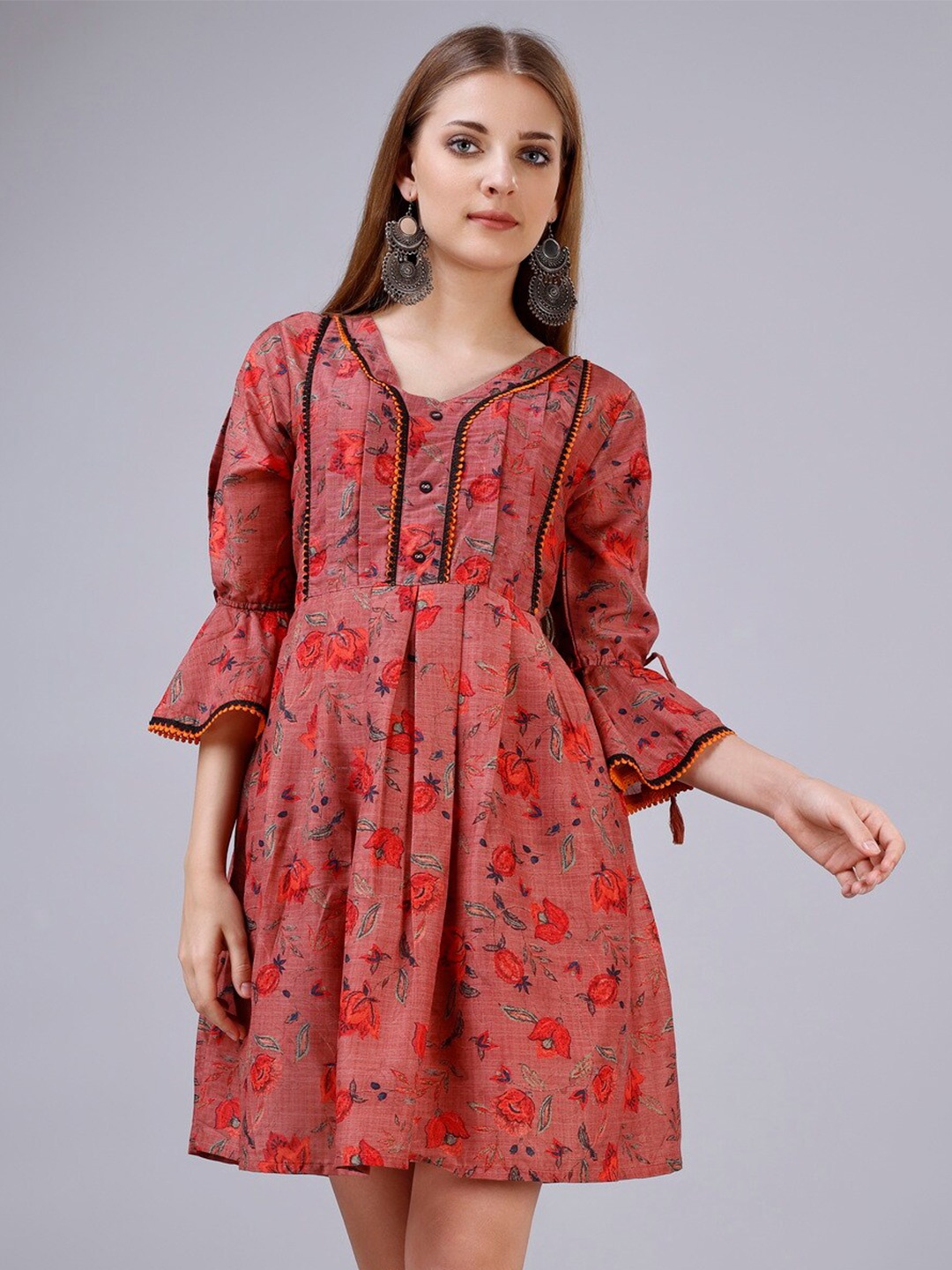 

Ekta Textiles Floral Printed Bell Sleeves Pleated Cotton Fit & Flared Dress, Red