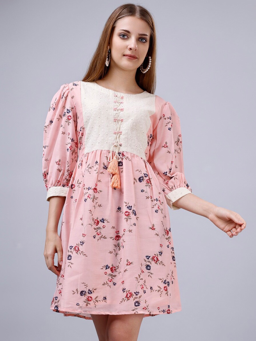 

Ekta Textiles Floral Printed Puff Sleeve Cotton Silk A-Line Dress, Pink