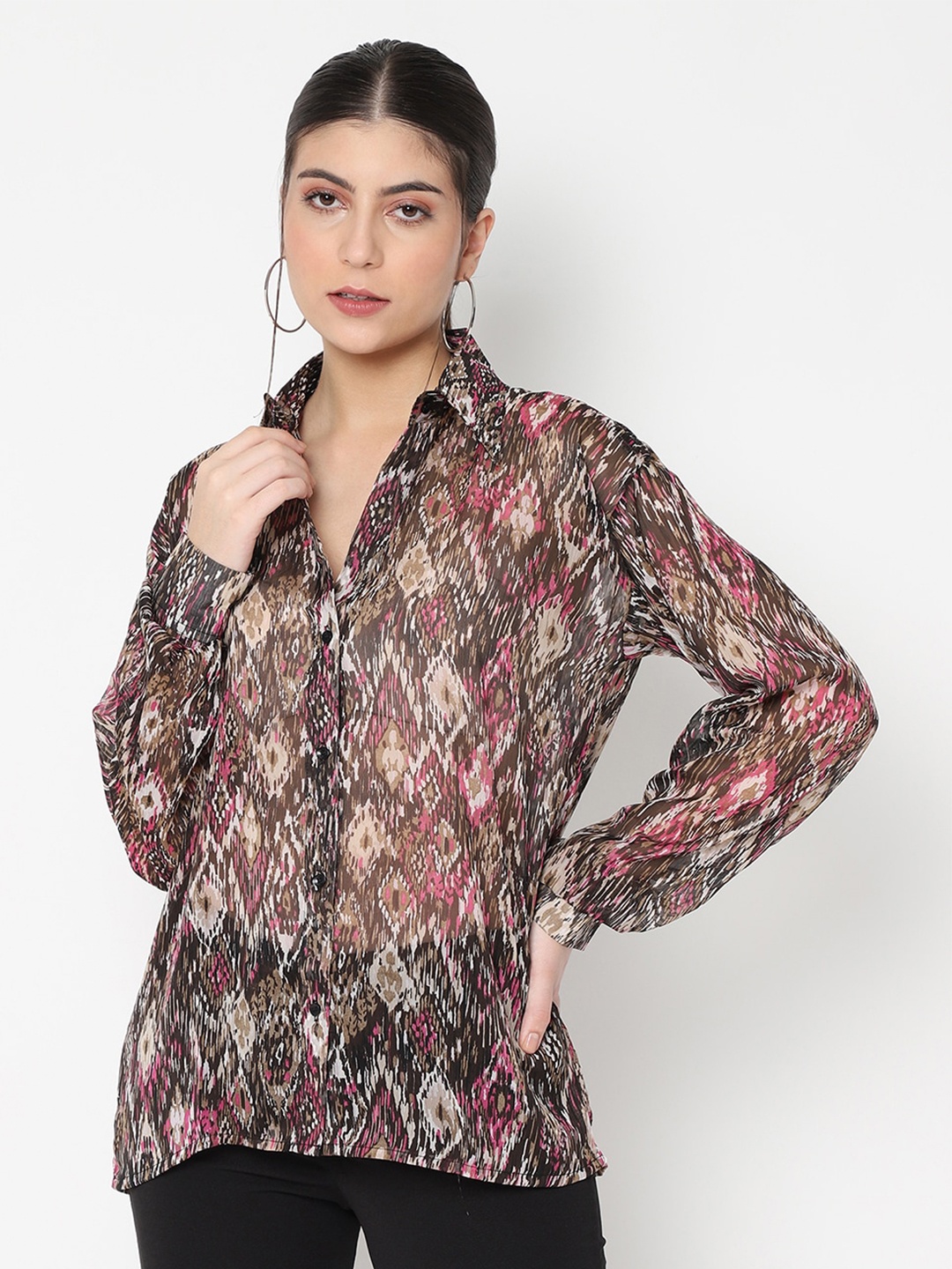 

BAESD Geometric Printed Semi Sheer Oversized Chiffon Shirt, Brown