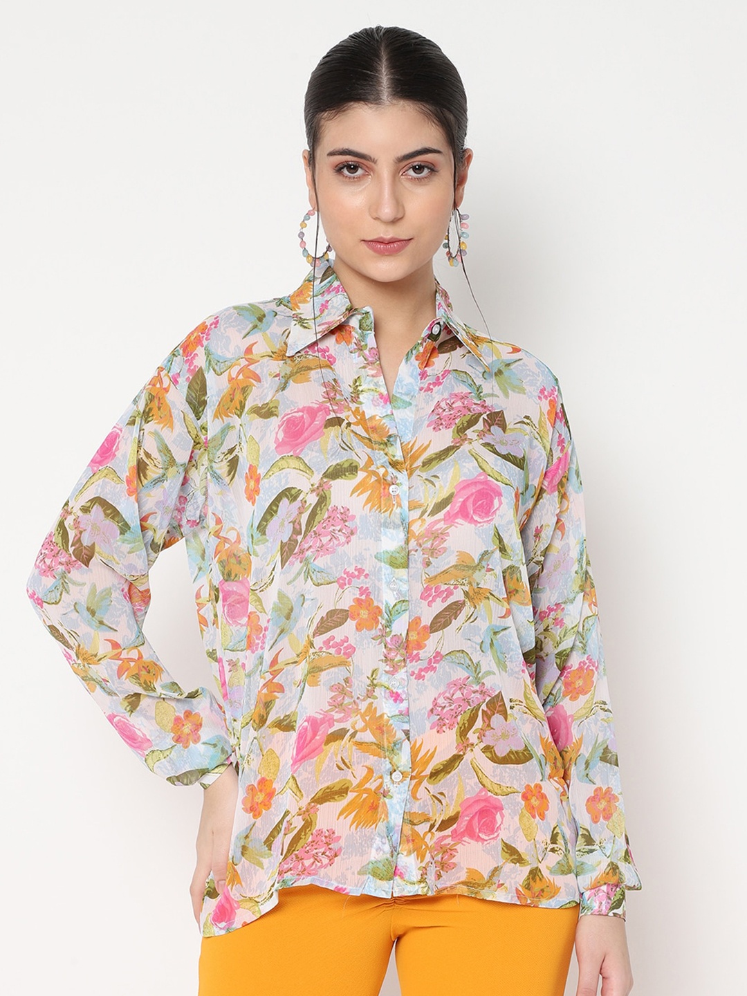 

BAESD Floral Printed Oversized Semi Sheer Casual Shirt, Turquoise blue
