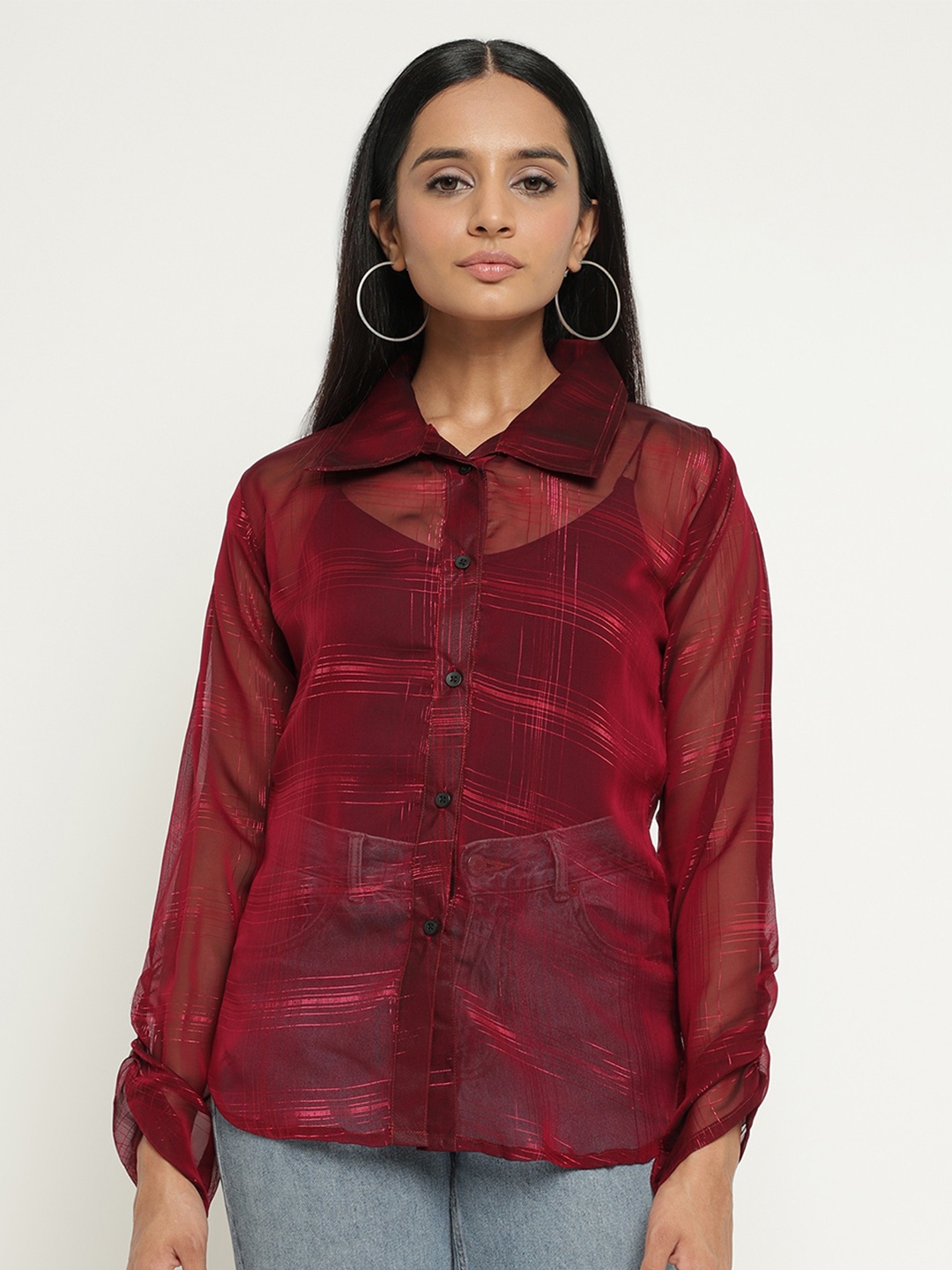 

BAESD Tartan Checks Semi Sheer Georgette Shirt, Maroon