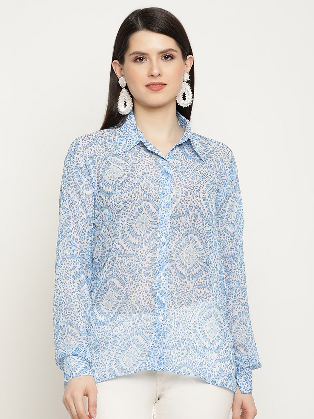 

BAESD Geometric Printed Semi Sheer Oversized Chiffon Shirt, Blue
