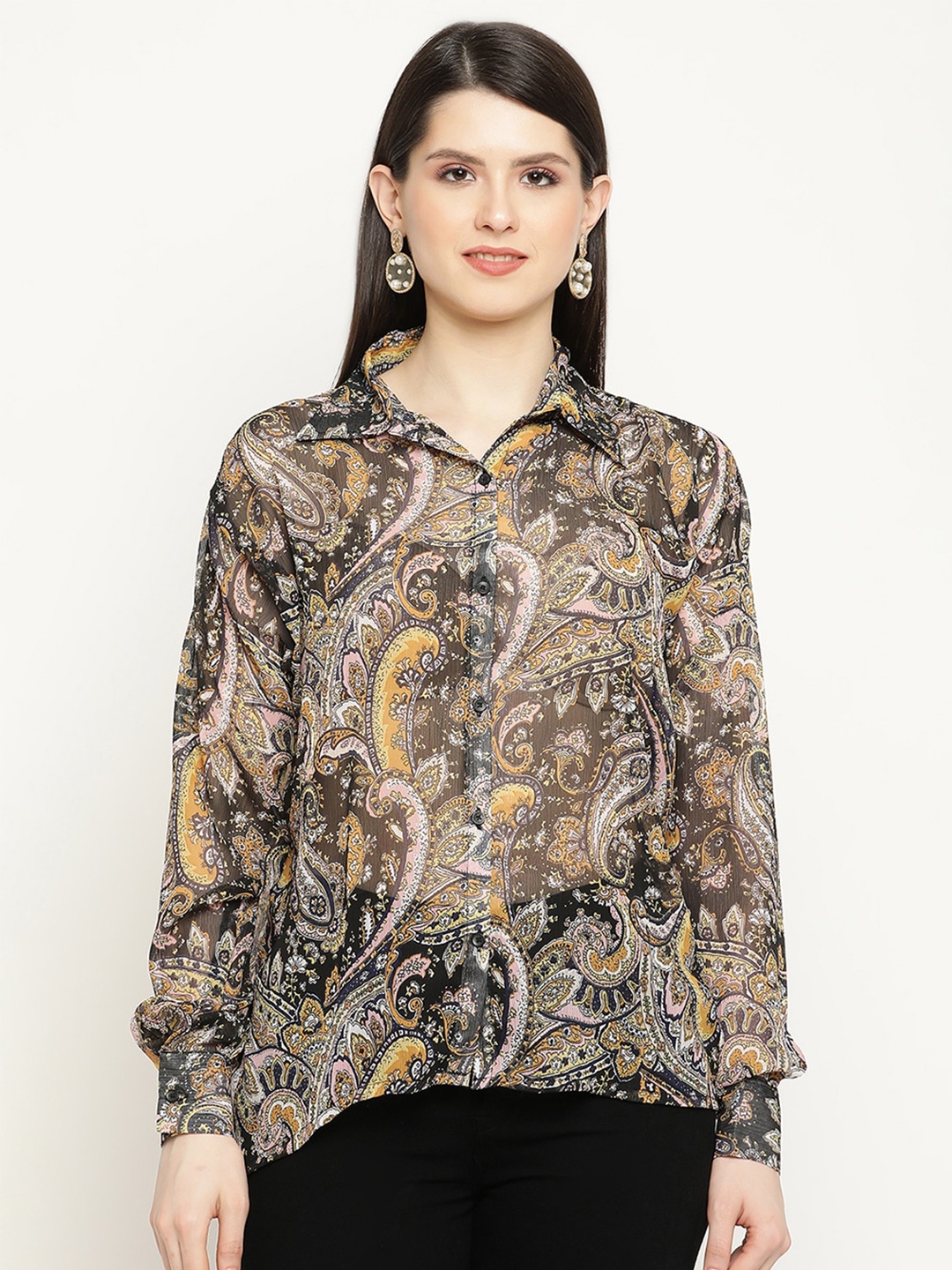 

BAESD Ethnic Motifs Printed Semi Sheer Oversized Shirt, Black