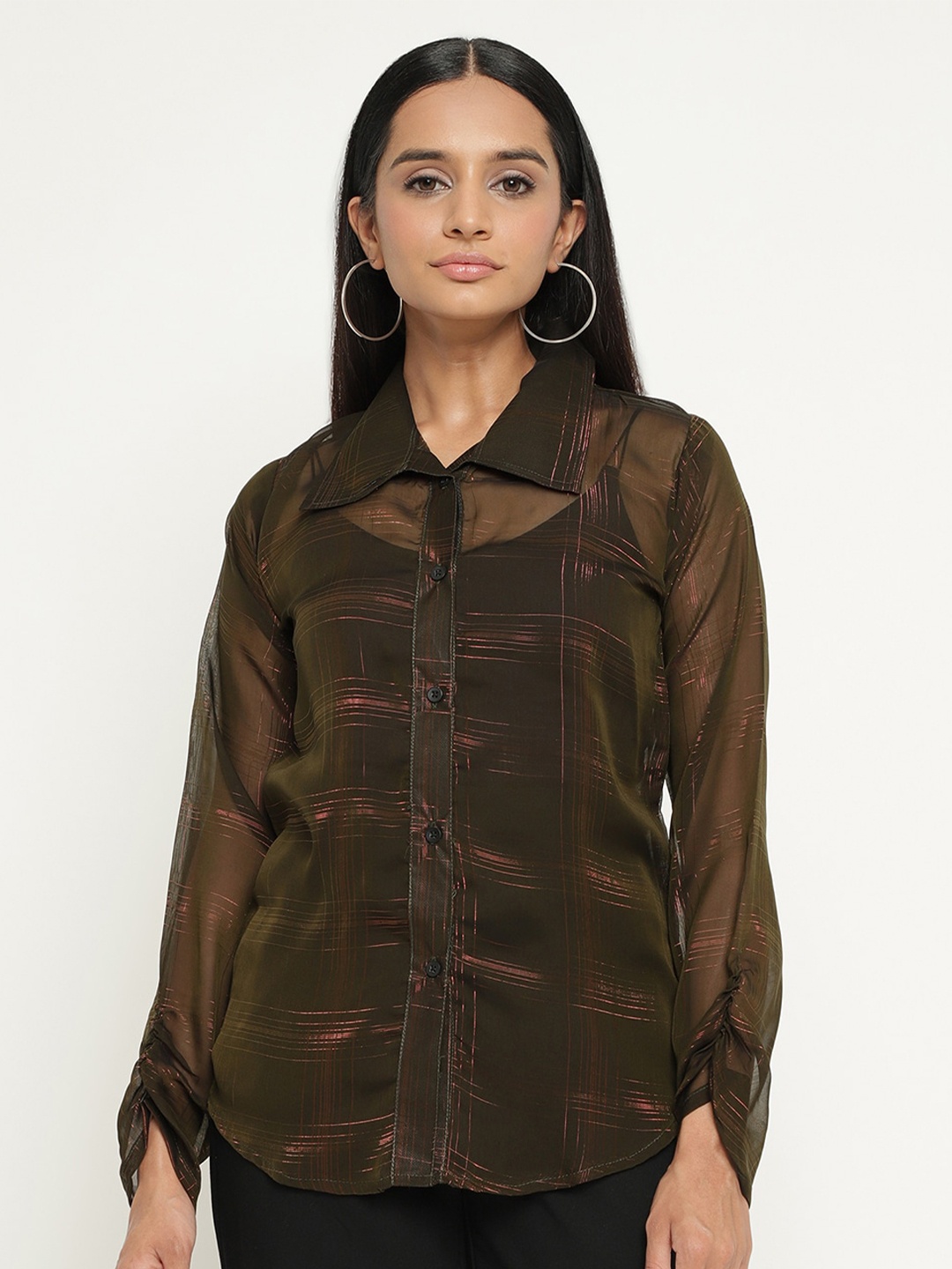

BAESD Tartan Checks Semi Sheer Georgette Shirt, Coffee brown